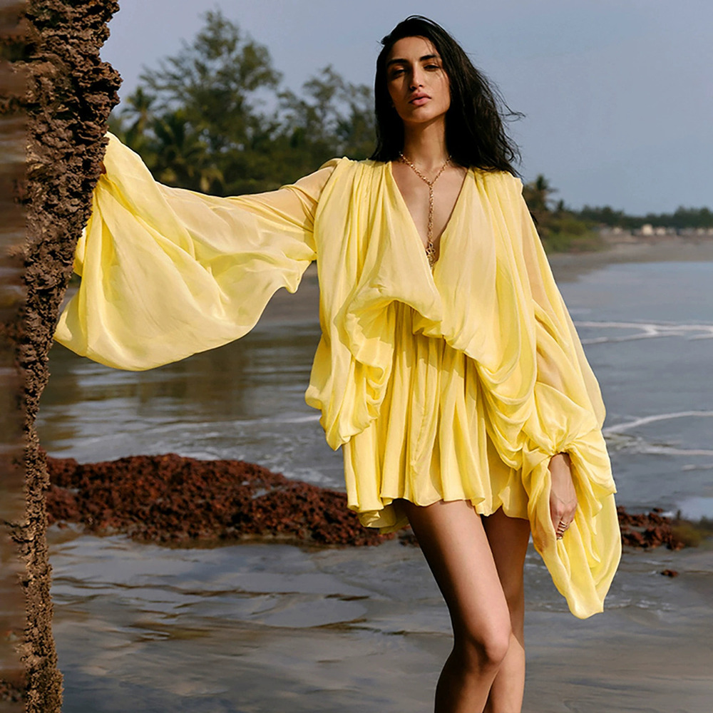 Zara Summer Chiffon Deep V Long Bell Sleeve Loose Short Dress